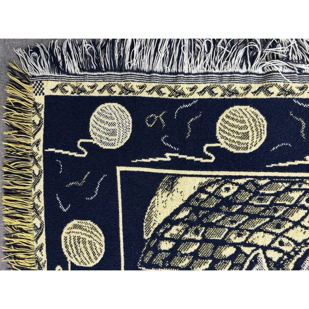 Vintage Woven Cat Kittens Throw Blanket Fringe Navy Cream 43x54 Tapestry Cottage - Picture 4 of 14